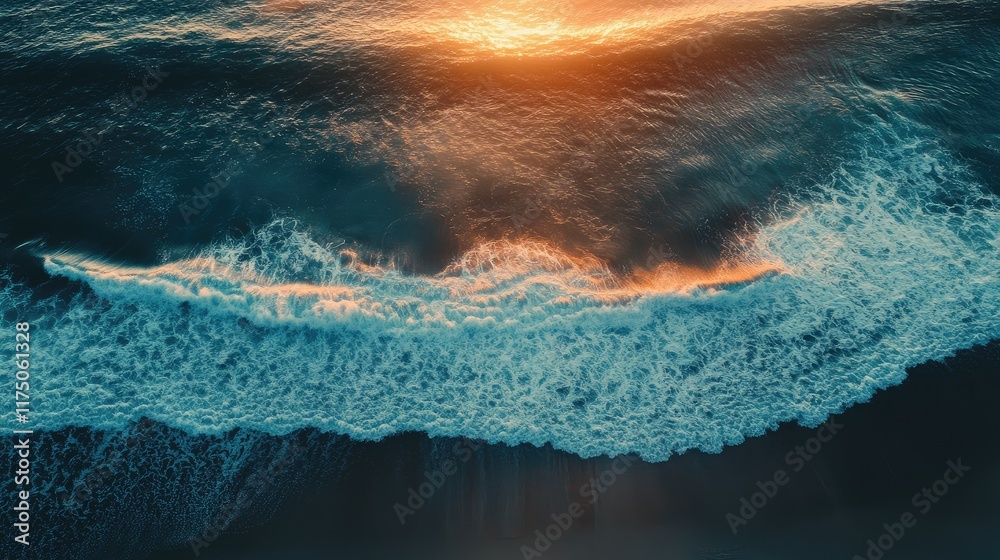 Poster Aerial view of sunset waves breaking on the shore with tranquil empty space for text placement and serene ocean colors