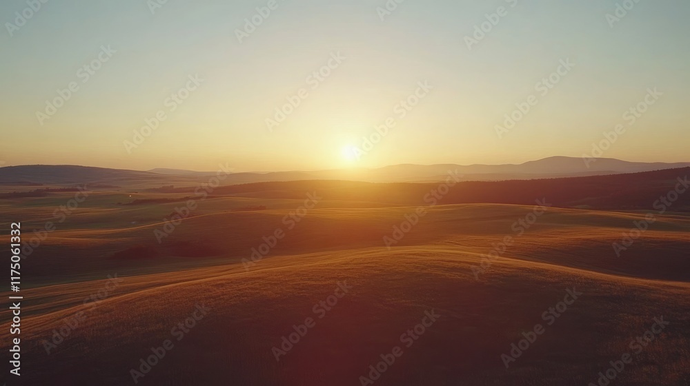 Aufkleber aerial view of tranquil sunset over rolling hills with wind turbines silhouetted against the sky pro