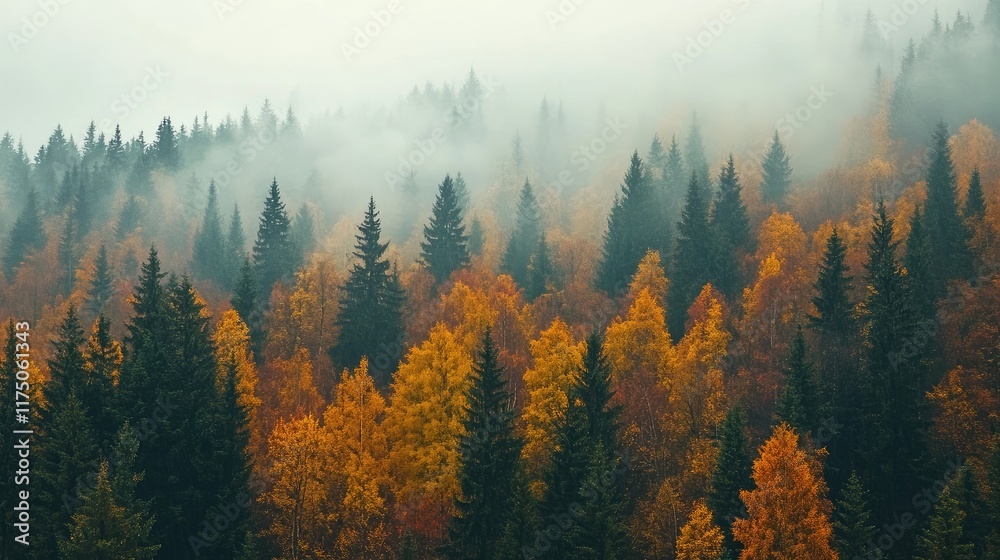 Poster Aerial View of Misty Forest with Vibrant Autumn Foliage and Space for Text Overlay in Nature Background