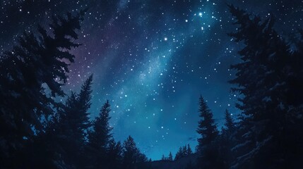 Naklejka premium Mesmerizing aurora borealis illuminating the starry night sky above tranquil spruce trees in a serene natural setting