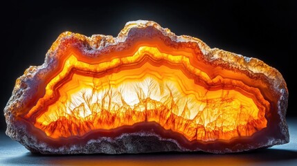 Vibrant orange Agate crystal cross section illuminated by backlight showcasing intricate natural patterns and textures on a dark background