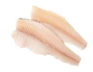 Two fresh pangasius fillets isolated on transparent background, ready for cooking