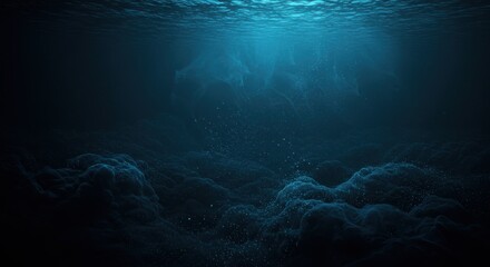 Obraz premium underwater scene, deep blue ocean, sunbeams penetrating water, ethereal light rays, submerged cave, bubbles rising, particles floating, mysterious atmosphere, dark depths, aquatic environment, serene 