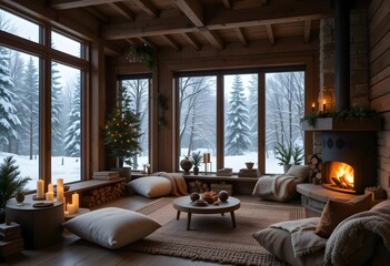 Cozy Cabin Interior with Fireplace Large Windows and a Sofa
