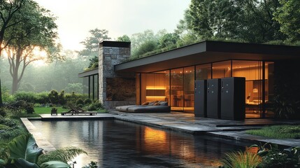 Obraz premium Modern home, energy storage, sunset, pool, green roof, sustainable living