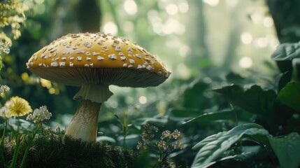 Amanita mushroom with vibrant yellow cap in lush forest setting surrounded by greenery and delicate wildflowers close up view