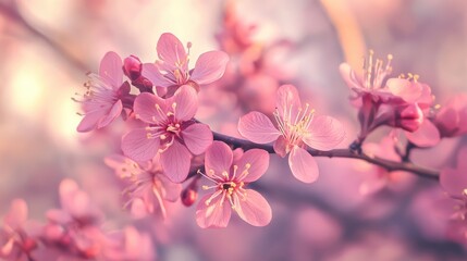 Fototapeta premium Cherry Blossom Branch with Delicate Pink Flowers in Soft Spring Light