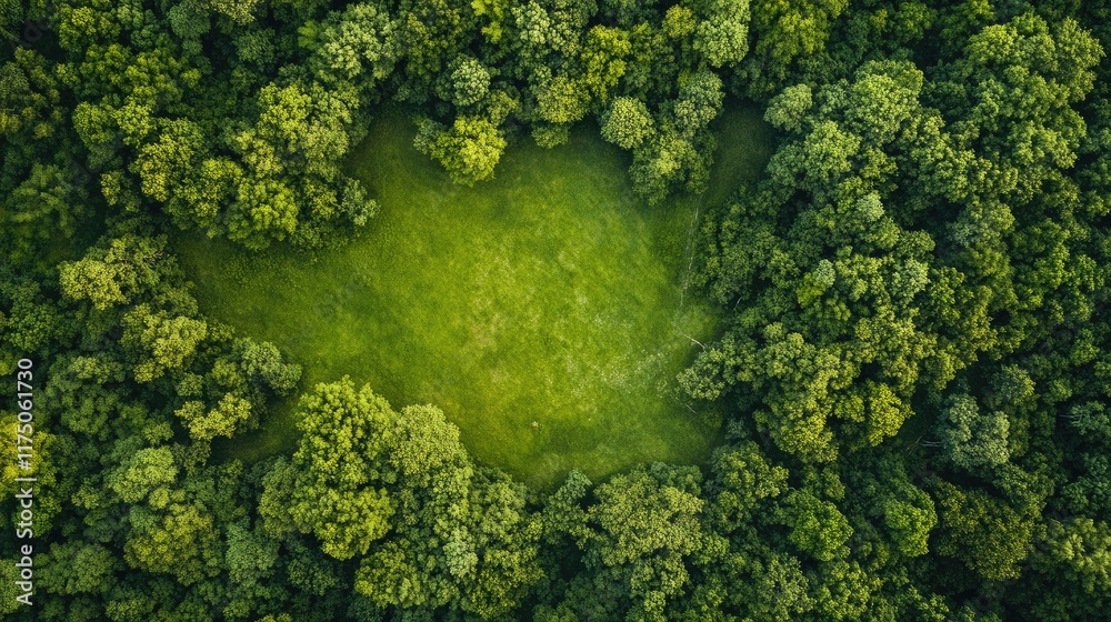 Poster Lush Aerial View of Dense Forest with Open Green Clearing Ideal for Text Overlay and Nature-Themed Content