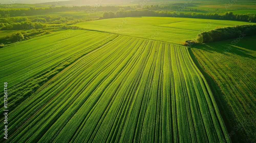 Poster aerial perspective of lush green farmland landscape showcasing rows of crops and ample space for tex