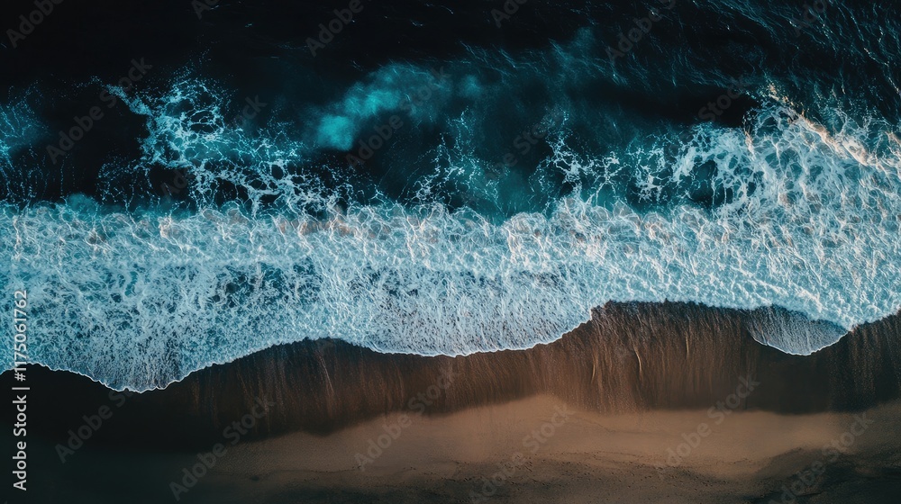 Poster aerial view of vibrant ocean waves crashing on a dark sandy beach with ample space for text or graph