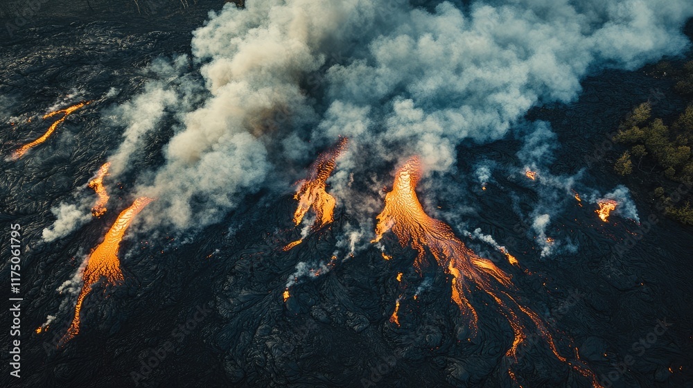 Poster aerial view of active volcano lava flow and smoke with space for text in dramatic natural landscape