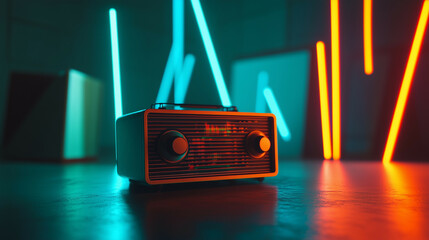 Minimalist composition of a vintage radio surrounded by abstract glowing sound patterns.