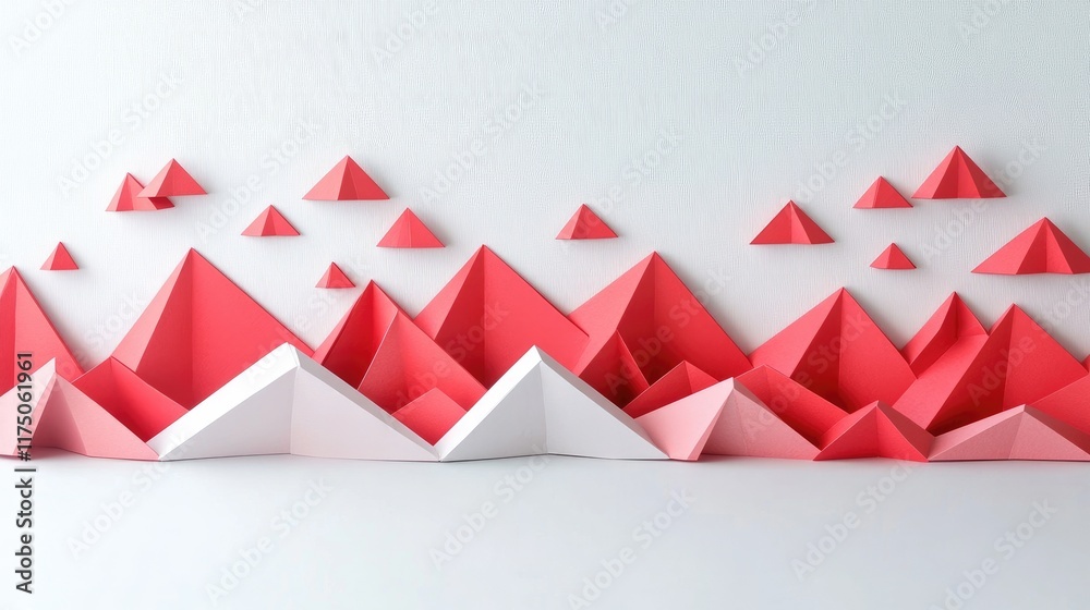 Poster Aerial View of Geometric Triangular Paper Cut Landscape with Red and White Pyramids on Minimalist Background