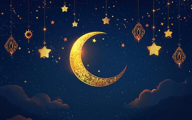 Naklejka premium Beautiful night sky with a crescent moon and stars, and sunset clouds. This background is suitable for a Ramadan Kareem celebration or Iftar party banner template with copy space for text.