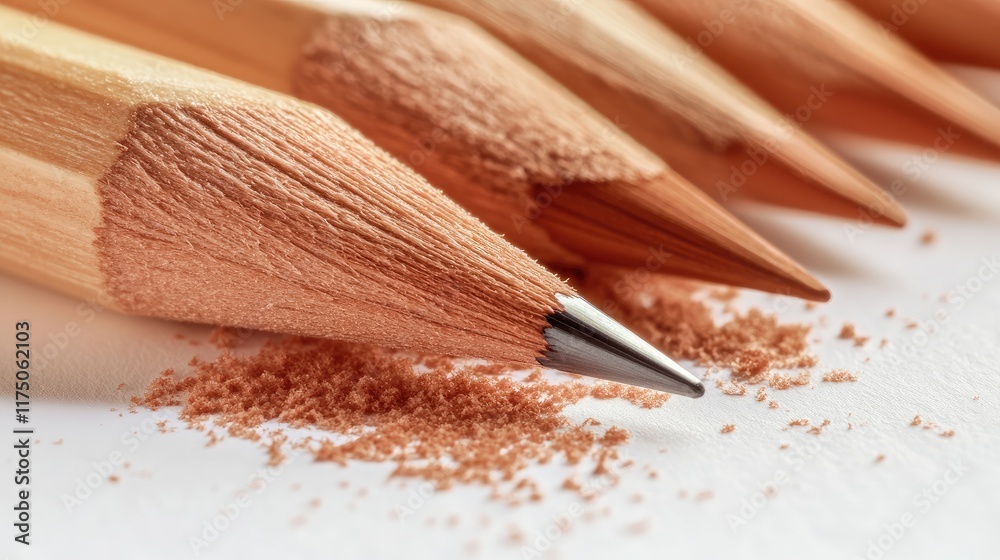 Poster close up of sharpened wooden pencils and shavings on a clean white background showcasing fine detail