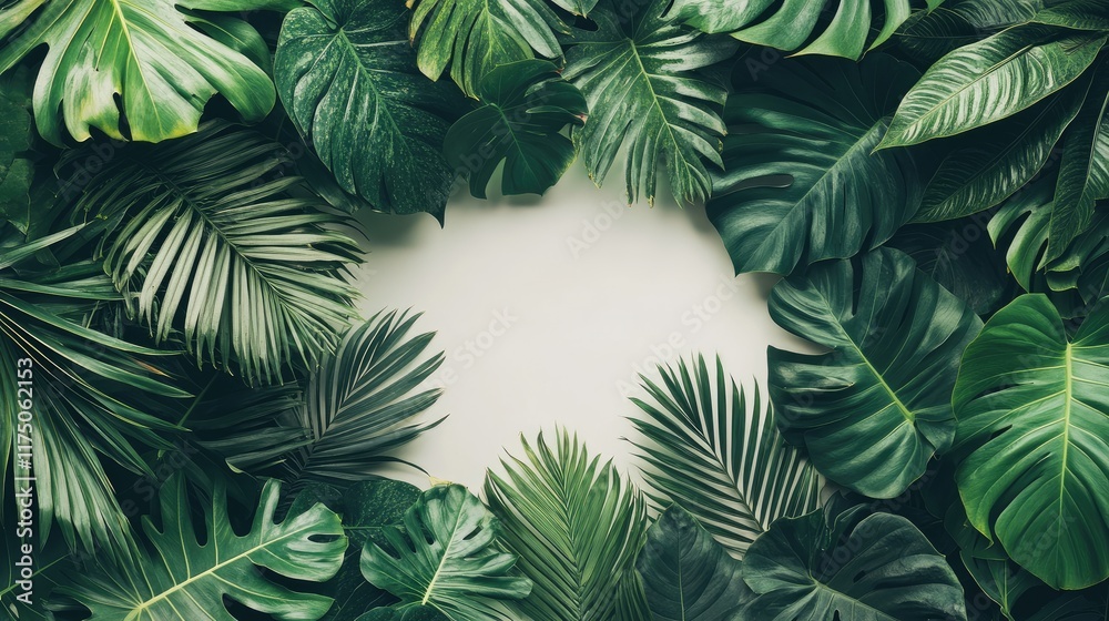 Leinwandbilder aerial view of lush tropical leaves creating a natural frame with ample copyspace for text or brandi