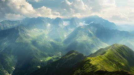 Breathtaking Summer Mountain Landscape with Lush Green Valleys and Majestic Peaks Under a Dramatic Sky
