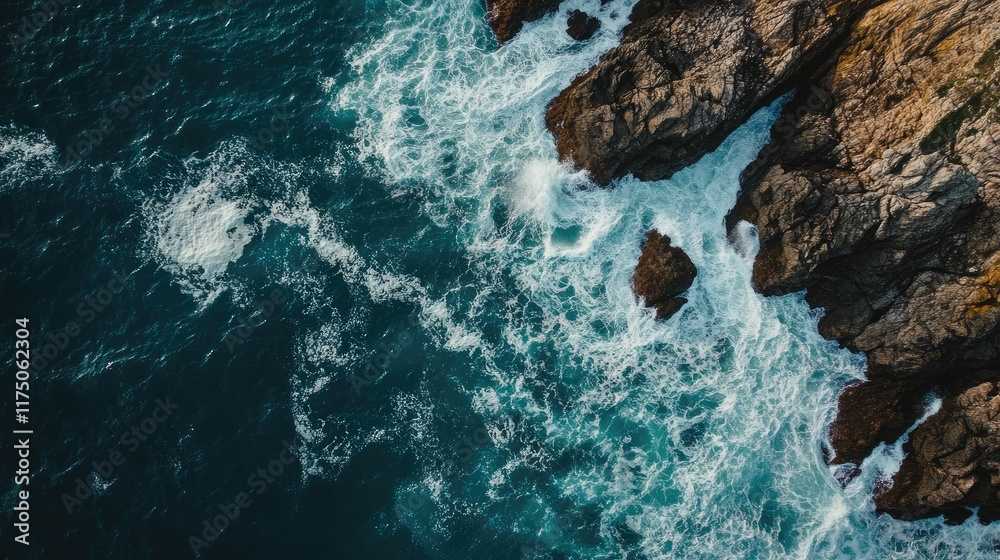 Poster aerial view of ocean waves crashing against rocky shoreline with clear space for text or branding pl