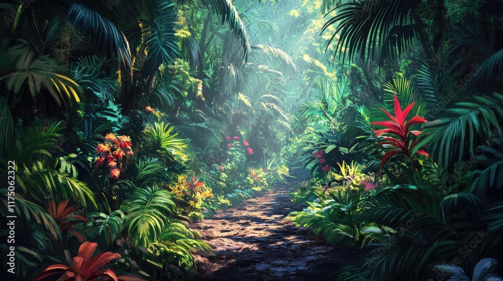 Aufkleber lush tropical jungle path with vibrant foliage and dappled sunlight creating a serene and inviting n
