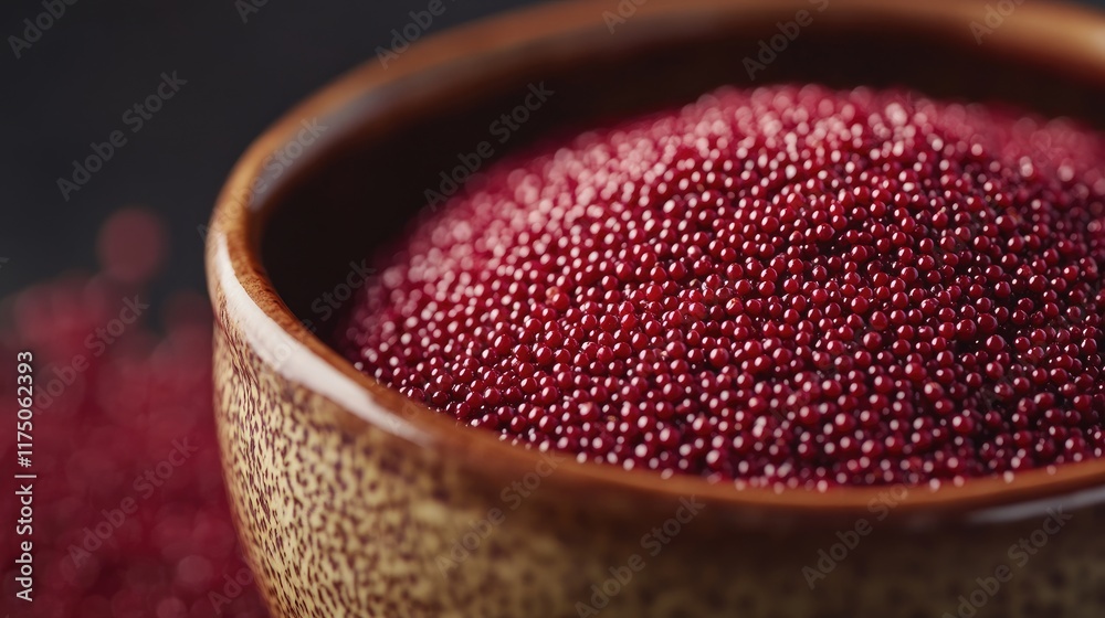 Poster Amaranth seeds in a textured ceramic bowl with a macro focus showcasing their vibrant color and texture against a dark background.