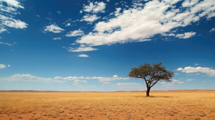 Obraz premium majestic desert landscape with solitary tree under a vibrant blue sky and fluffy clouds highlighting the vastness of nature