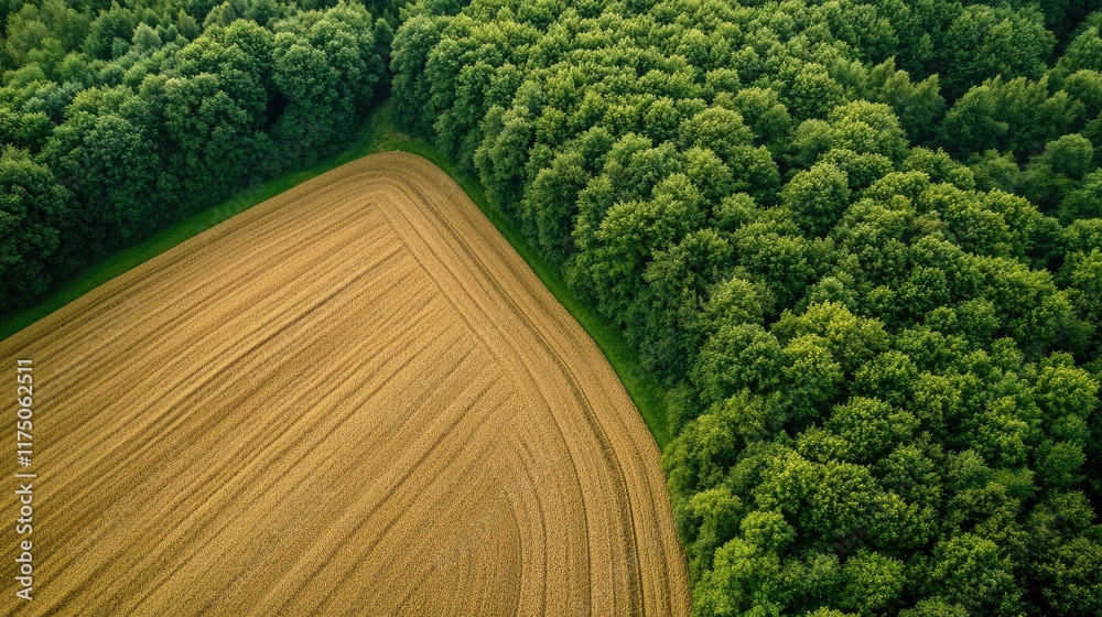 Poster aerial view of golden wheat fields meeting lush green forest showcasing a harmonious agricultural la