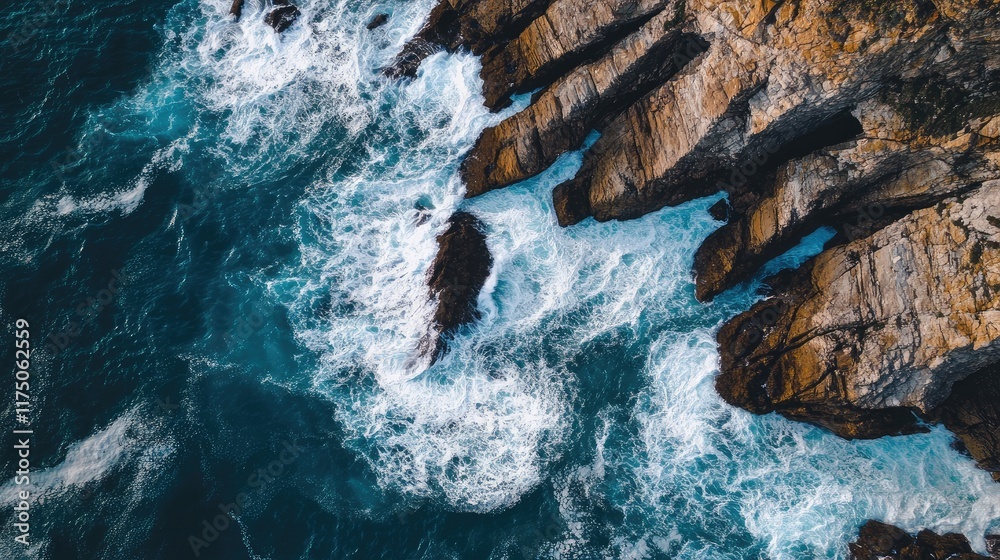 Poster aerial view of ocean waves crashing on rugged coastal rocks with clear space for text or branding ne