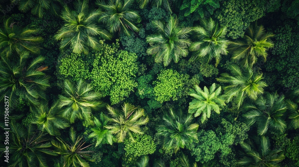 Aufkleber Aerial view of lush tropical forest featuring diverse palm trees and dense greenery with ample space for text overlay