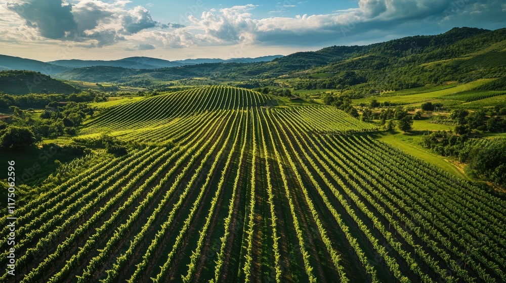 Aufkleber aerial view of expansive vineyard rows against green hills with clear sky ideal for text placement i