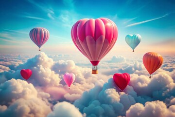 Naklejka premium Pink Paper Hot Air Balloons & Red Heart Balloons Floating Above Clouds