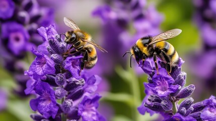 Fototapeta premium Two Bumblebees Gathering Pollen From Lavender Flowers