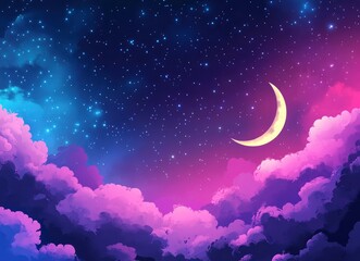 Beautiful night sky with crescent moon and stars. background with copy space for text, celestial, dreamy, fantasy, sky, clouds, background, night sky background. 