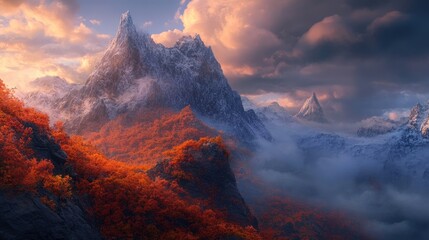 Fototapeta premium Majestic autumn mountain landscape with vibrant orange foliage and dramatic cloudy skies at dusk