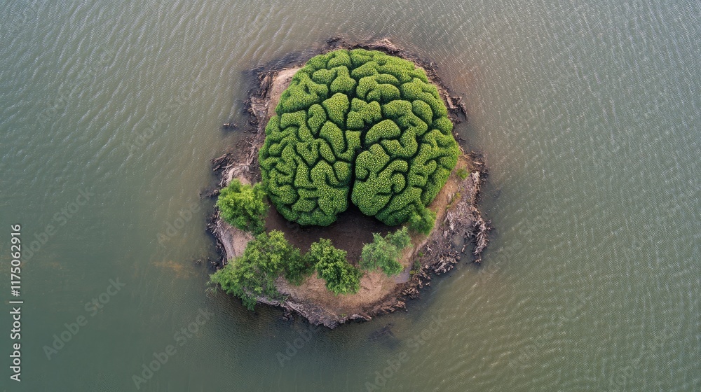 Poster aerial view of a distinctive bulb-shaped island with lush green vegetation resembling a brain in cal