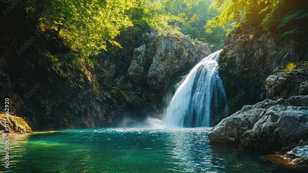 Aufkleber cascading waterfall in a vibrant emerald pool framed by lush greenery and rugged rocks creating a tr