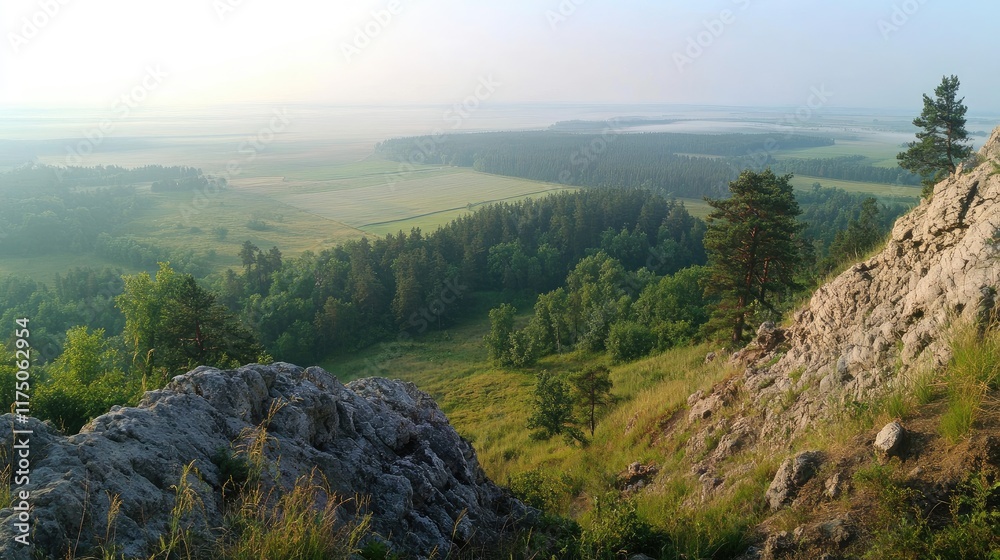 Poster stunning panoramic view of lush forests and green fields from a mountain summit under a clear sky at