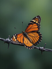Fototapeta premium A Butterfly Resting On Barbed Wire, Muted Colors, Symbolic Of Hope, Soft Focus, Emotional Depth, Respectful Tone 00001