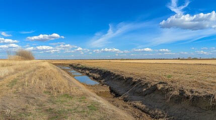 Fototapeta premium Cracked irrigation canal in a drought-stricken agricultural field under a vast sky.