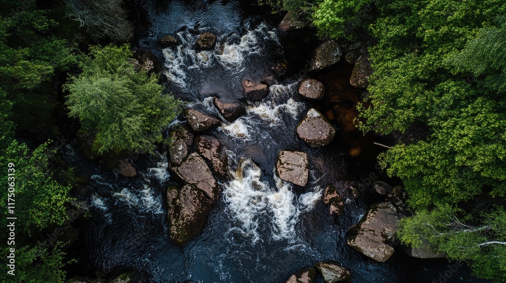 Aufkleber Aerial view of a forest river flowing over rocks with lush greenery and space for text placement in a serene natural landscape