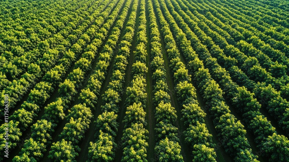 Poster Aerial view of expansive cocoa tree plantation showcasing organized rows with ample space for text placement and promotional content