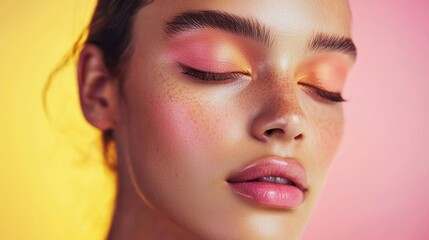 Woman with Pink Makeup and Freckles Eyes Closed