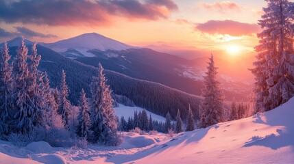 Fototapeta premium Serene winter sunset illuminating snow-covered mountains and frosty pine trees in a breathtaking alpine landscape.
