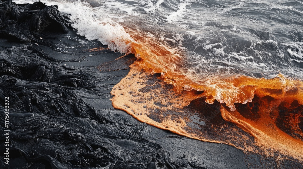Poster stunning ocean waves crashing onto a volcanic lava coast with contrasting colors and textures in a d