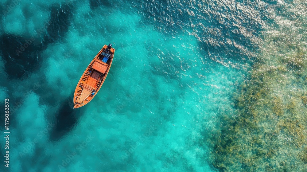 Poster aerial view of colorful fishing boat floating on clear turquoise waters with space for text or marke