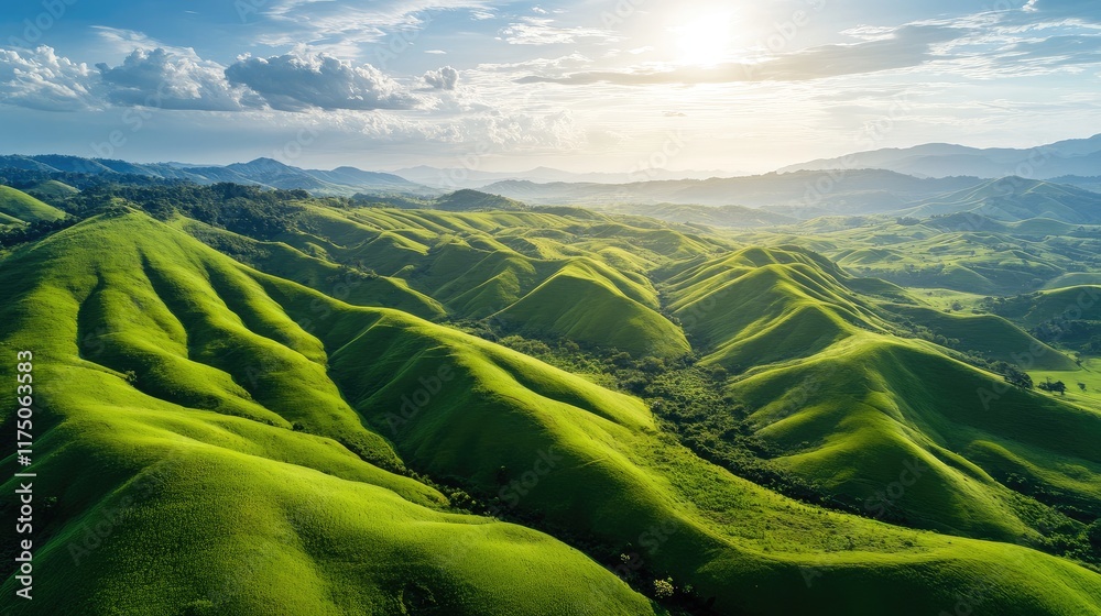 Poster aerial view of lush green hills and valleys under a bright sky ideal for text overlay with beautiful