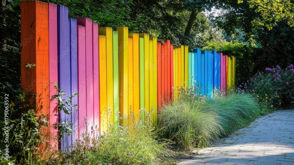 Poster vibrant colorful fence design enhancing park boundary with lush greenery and a stone walkway for an 