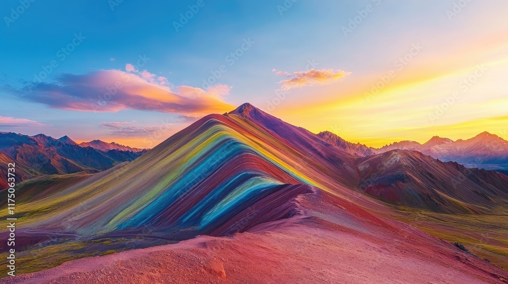 Aufkleber stunning view of rainbow mountain under a vibrant sunset sky with ample copy space for text and natu
