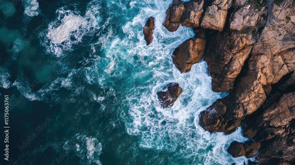 Poster aerial view of crashing waves against a rugged rocky coastline with clear space for text and stunnin