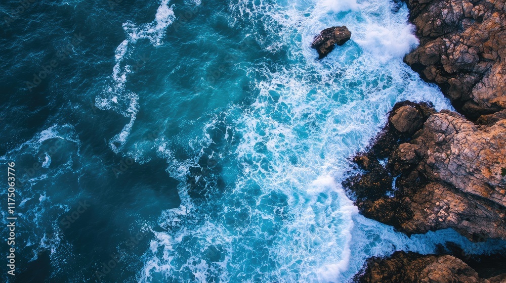 Poster aerial view of waves crashing on rocky shore with clear space for text in a serene coastal landscape