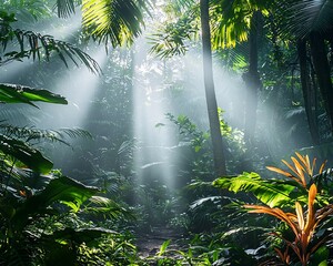 Sunbeams illuminate a lush, misty jungle path.